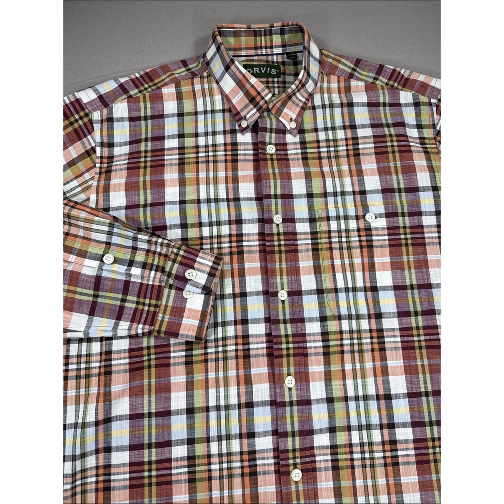 ORVIS Shirt Men's Large L Tall Burgundy Brown Plaid EZ Cool Wrinkle Free Casual
